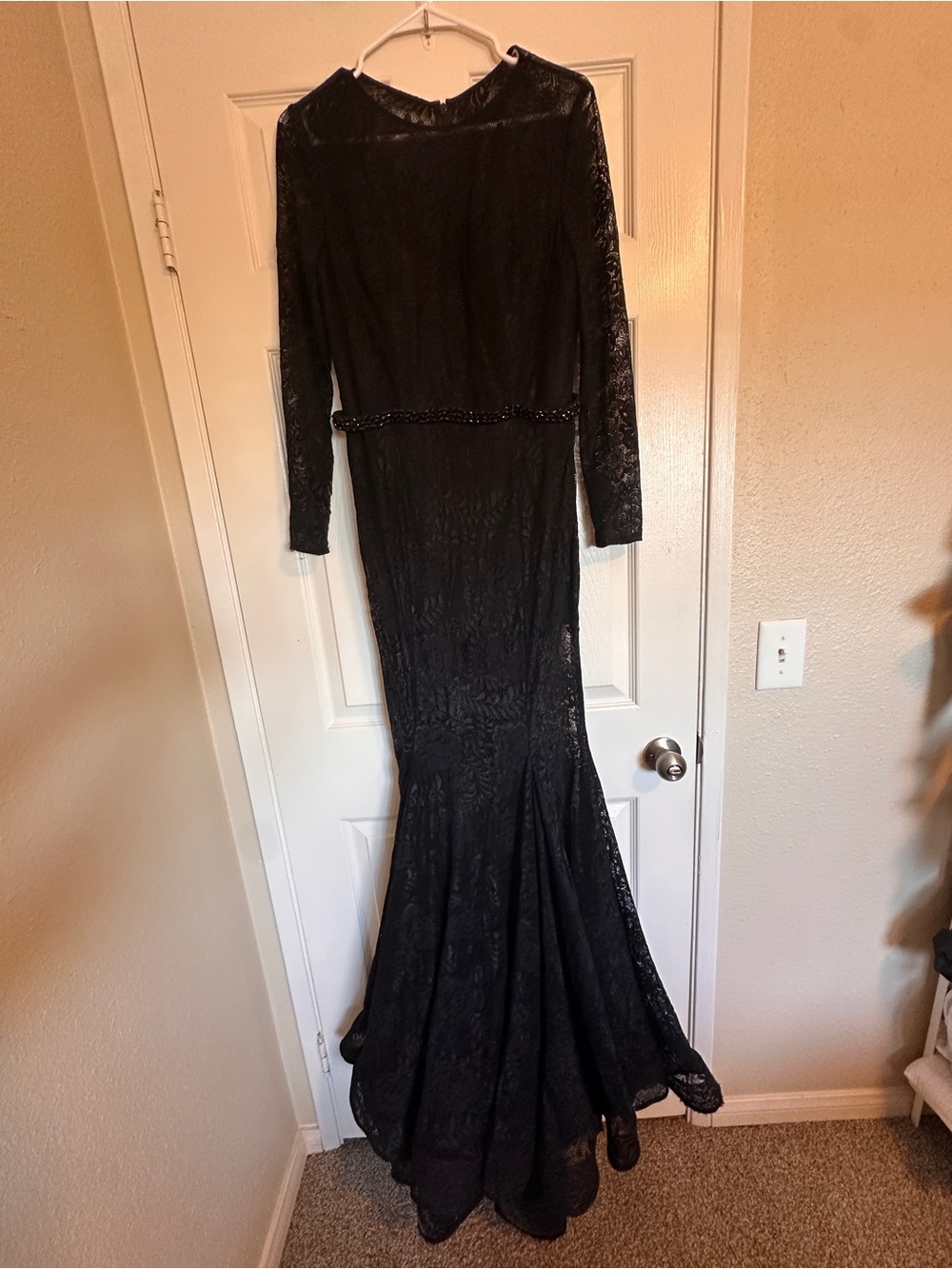 La Femme Black Lace Mermaid Gown Sz 12 Illusion Long Sleeve Beaded Waist